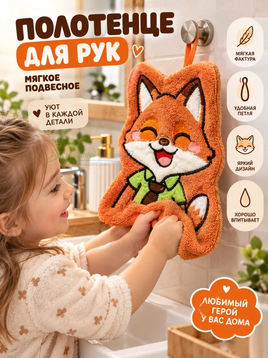 Мягкое полотенце для рук подвесное с петлёй, Лисёнок / Зайчик
