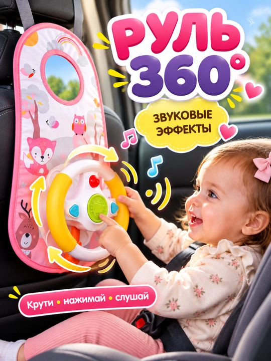 Развивающий коврик «Малышка рулит» с рулём и звуком для авто, 18+ мес