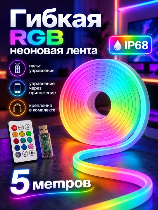 Светодиодная лента с пультом 5 м, RGB лента, гибкая неоновая лента - 