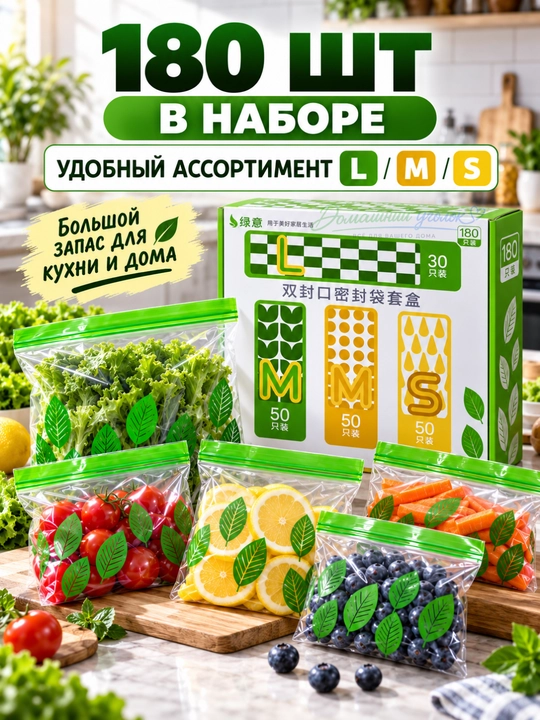 ZIP-пакеты для хранения с двойной застёжкой, набор 180 шт, размеры L/M/S
