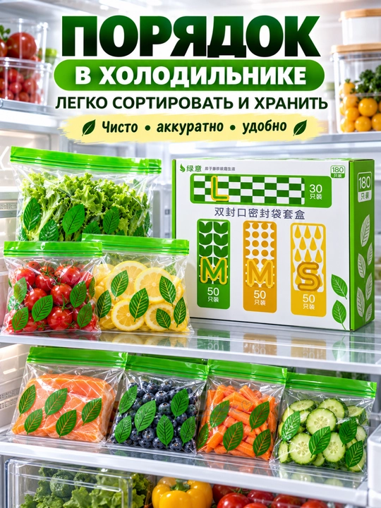 ZIP-пакеты для хранения с двойной застёжкой, набор 180 шт, размеры L/M/S