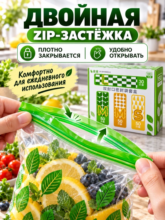 ZIP-пакеты для хранения с двойной застёжкой, набор 180 шт, размеры L/M/S