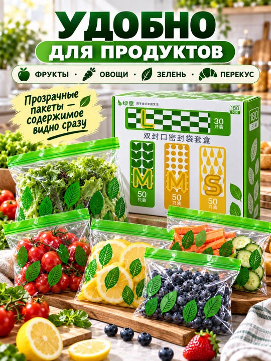 ZIP-пакеты для хранения с двойной застёжкой, набор 180 шт, размеры L/M/S