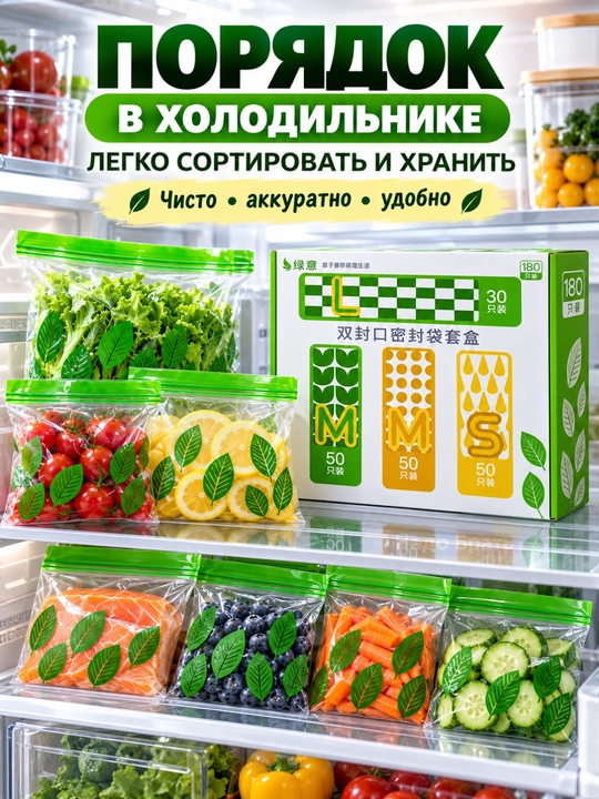 ZIP-пакеты для хранения продуктов, 180 шт, 3 размера, двойная застёжка