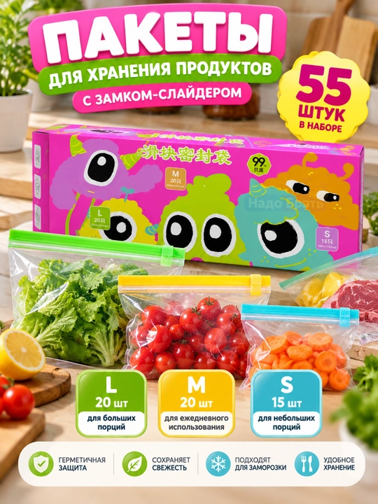 Oziq-ovqat saqlash uchun ZIP paketlar, 180 dona, 3 o‘lcham, ikki qulfli - 