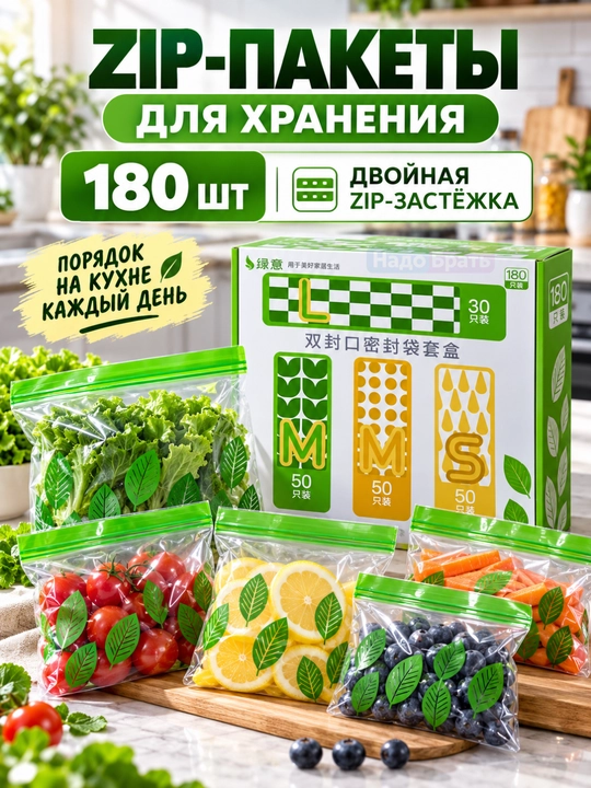 Oziq-ovqat saqlash uchun ZIP paketlar, 180 dona, 3 o‘lcham, ikki qulfli - 