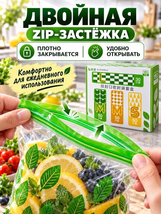 ZIP-пакеты для хранения продуктов, 180 шт, 3 размера, двойная застёжка