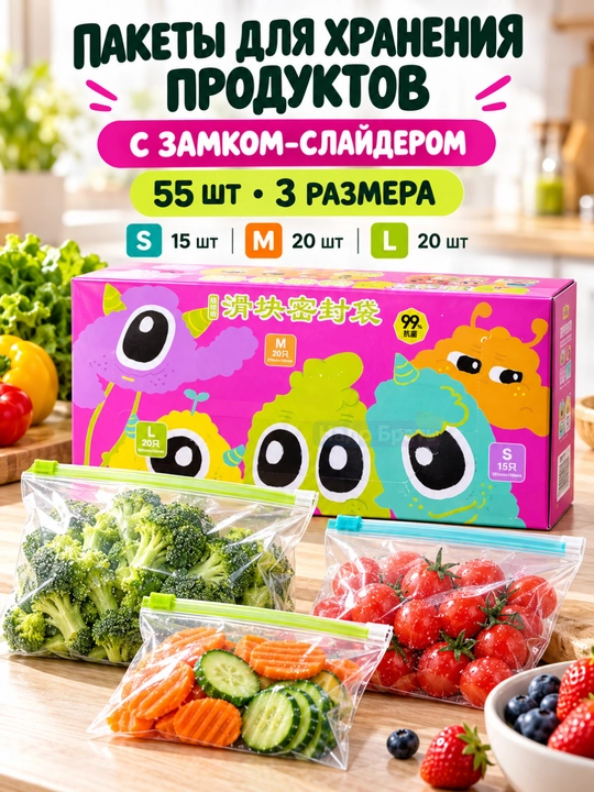ZIP-пакеты для хранения продуктов, 180 шт, 3 размера, двойная застёжка