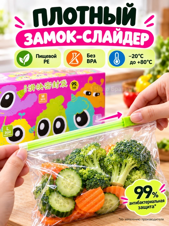 ZIP-пакеты для хранения продуктов, 180 шт, 3 размера, двойная застёжка