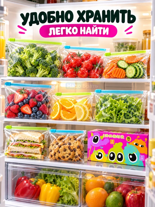 ZIP-пакеты для хранения продуктов, 180 шт, 3 размера, двойная застёжка