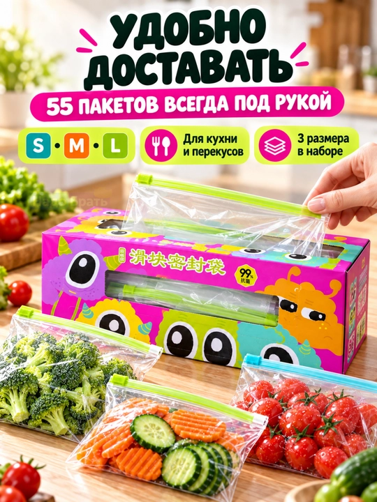 ZIP-пакеты для хранения продуктов, 180 шт, 3 размера, двойная застёжка