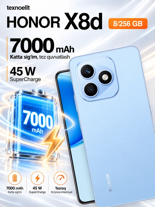 HONOR X8d smartfoni, 8/256 GB, 6,77″AMOLED 120 Hz, 108 MP, 7000 mAh, sovg‘a: HONOR ryukzak