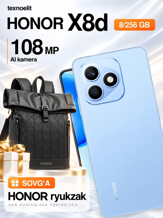 HONOR X8d smartfoni, 8/256 GB, 6,77″AMOLED 120 Hz, 108 MP, 7000 mAh, sovg‘a: HONOR ryukzak