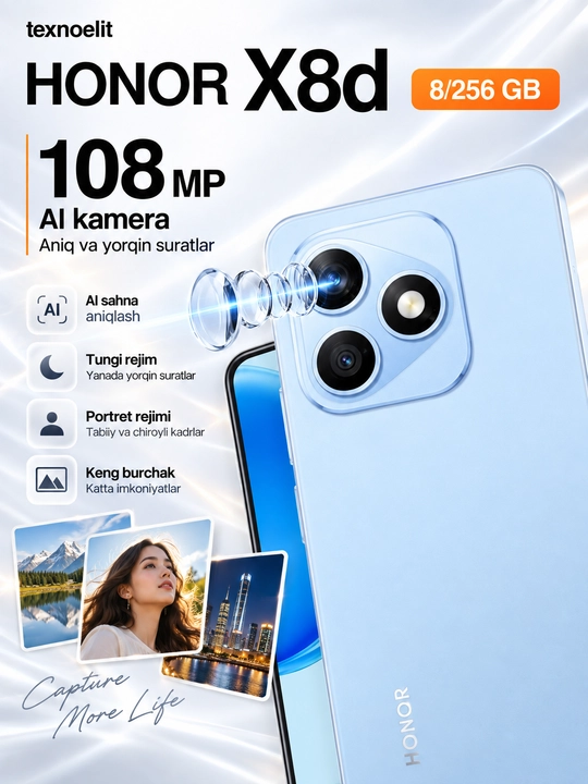 HONOR X8d smartfoni, 8/256 GB, 6,77″AMOLED 120 Hz, 108 MP, 7000 mAh, sovg‘a: HONOR ryukzak