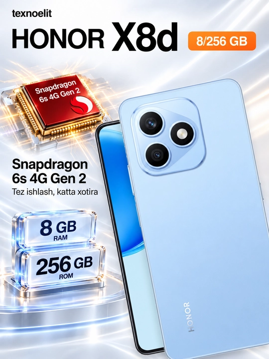 HONOR X8d smartfoni, 8/256 GB, 6,77″AMOLED 120 Hz, 108 MP, 7000 mAh, sovg‘a: HONOR ryukzak