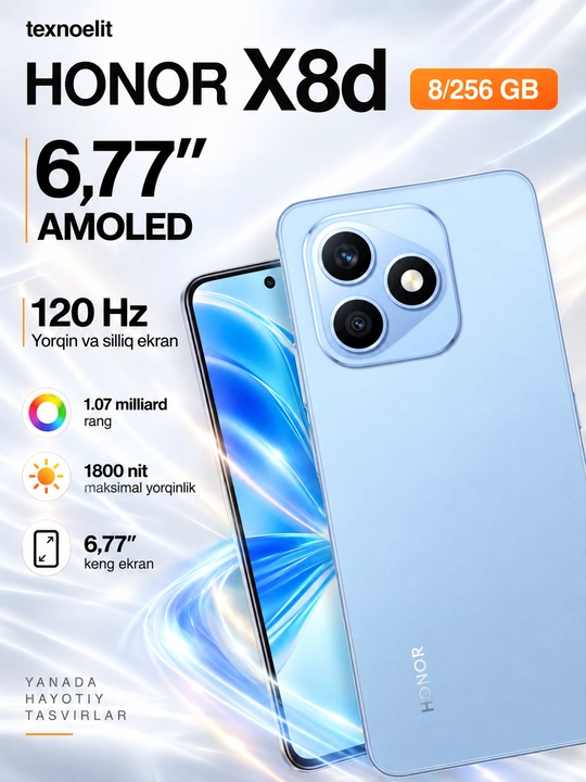 HONOR X8d smartfoni, 8/256 GB, 6,77″AMOLED 120 Hz, 108 MP, 7000 mAh, sovg‘a: HONOR ryukzak