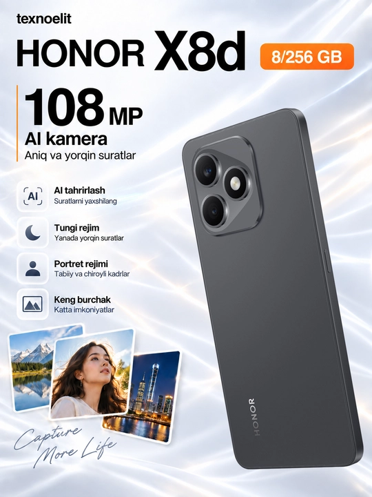 Смартфон HONOR X8d, 8/256 ГБ, 6,77″ AMOLED 120 Гц, 108 Мп, 7000 мАч, подарок: рюкзак HONOR