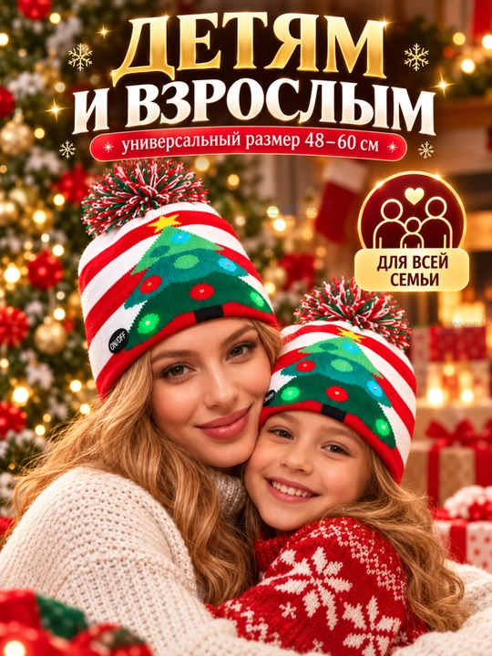 Pompon va LED bosma bilan bezatilgan, universal o‘lchamdagi yangi yil porloq bini shlyapasi