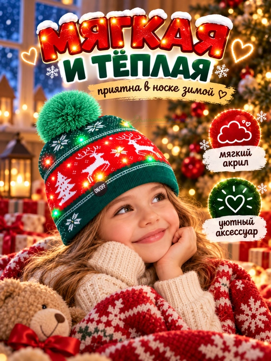 Pompon va LED bosma bilan bezatilgan, universal o‘lchamdagi yangi yil porloq bini shlyapasi