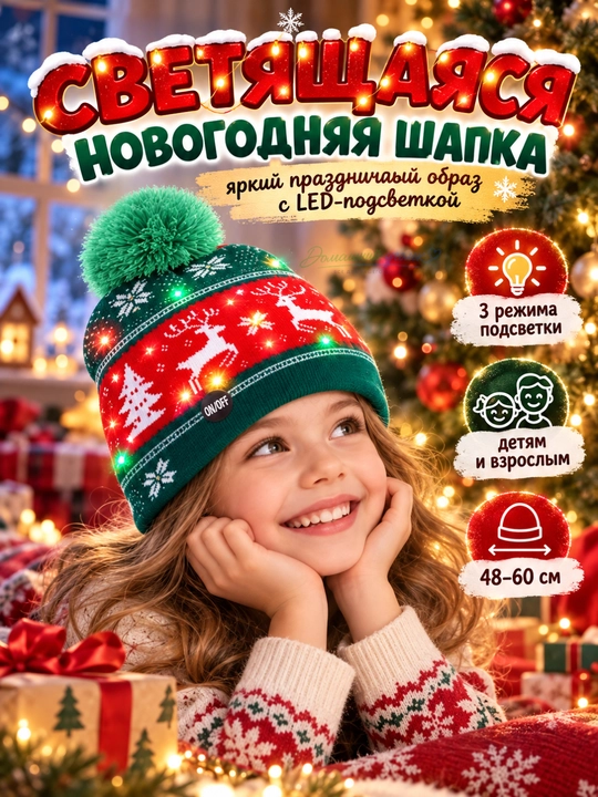 Новогодняя светящаяся шапка бини, с помпоном и принтом LED, универсальный размер - 