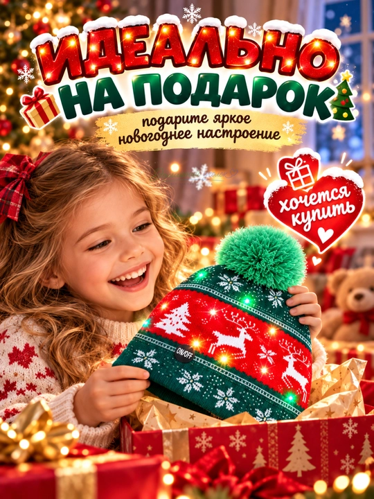 Pompon va LED bosma bilan bezatilgan, universal o‘lchamdagi yangi yil porloq bini shlyapasi