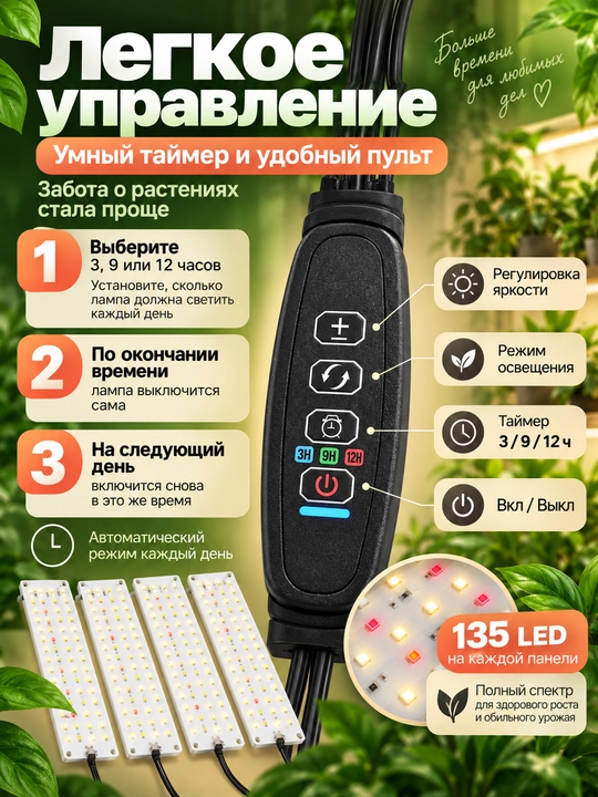 O'simliklar uchun LED lampa, to'liq spektrli fitolampa, taymerli 4 panel