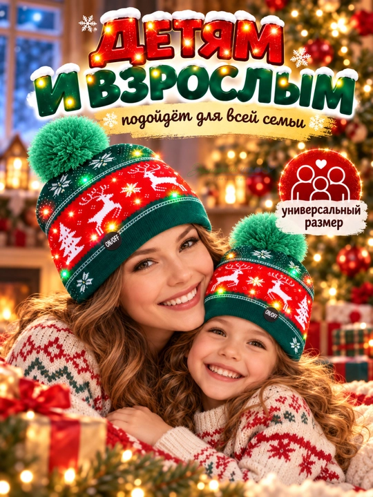 Шапка светящаяся, новогодняя, с подсветкой