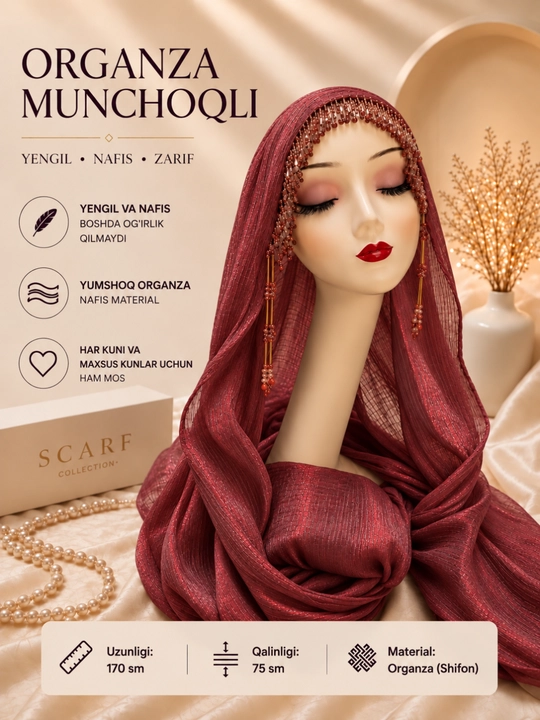 Organza tayyor munchoqli sharf, ayollar uchun hijobi bayramona kundalik bosh ro‘mol - 
