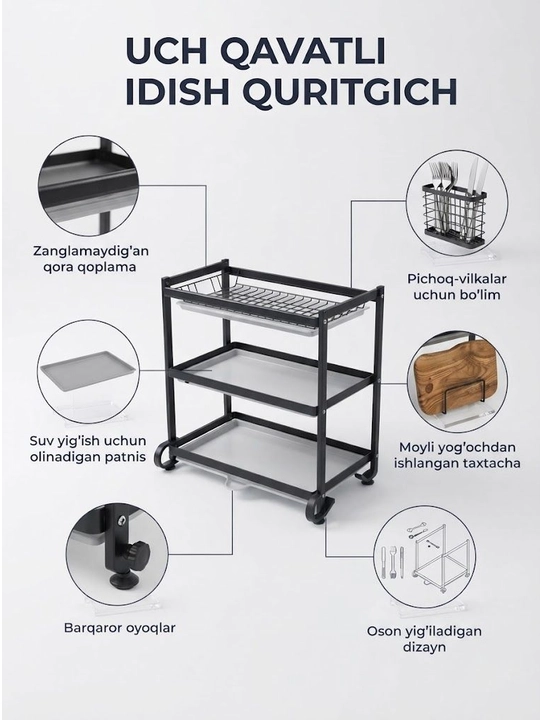 3 qavatli idish qurutgich metall, oshxona uchun idish quritgich organayzer, poddonli