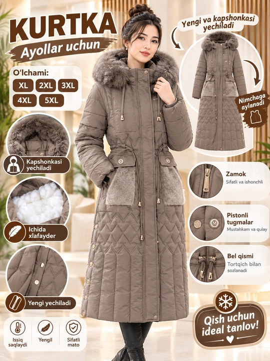Kurtkalar qishki malamerka( 1-razmer kattasini tanlang) ayollar kurtkasi,xalafayder XL-5XL