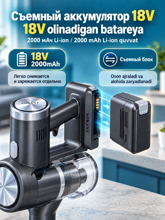 Simsiz vertikal changyutgich 2200W,12kPa,batareya bilan ishlaydi,uy va avtomobil uchun