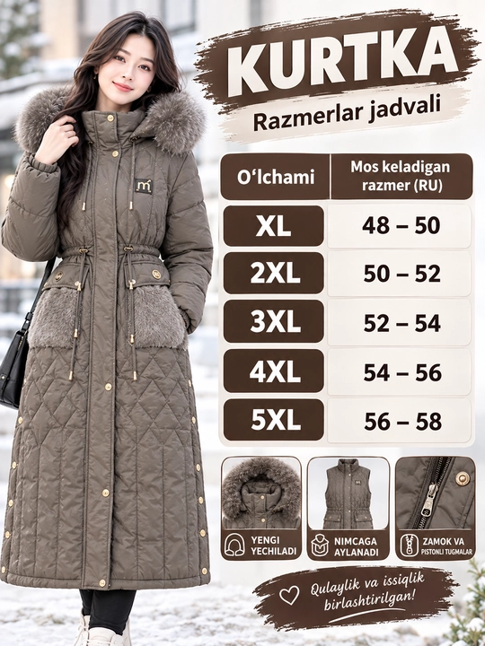 Kurtkalar qishki malamerka( 1-razmer kattasini tanlang) ayollar kurtkasi,xalafayder XL-5XL