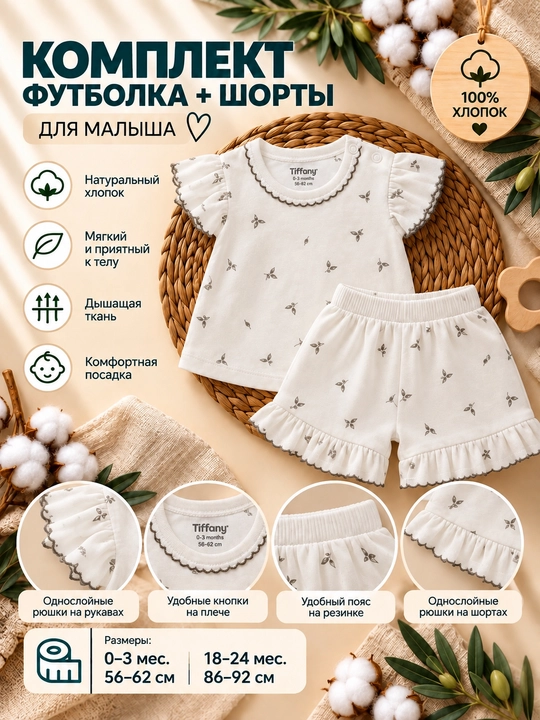 Tiffany Baby bolalar uchun zaytun novdalari naqshli paxtali shortikli to‘plam, ekryu - 