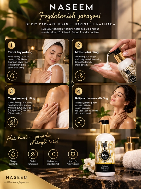 NASEEM Perfumed Body Lotion, 250 ml, Tana uchun xushbo‘y losyon, Dubay