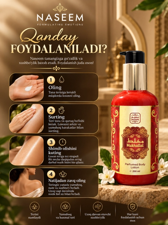 NASEEM Perfumed Body Lotion, 250 ml, Tana uchun xushbo‘y losyon, Dubay