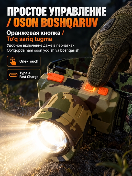 WH-219 peshona chirog‘i, akkumulyatorli, zumli, kamuflyajli, 4 rejimli, USB orqali quvvatlash imkoniyati