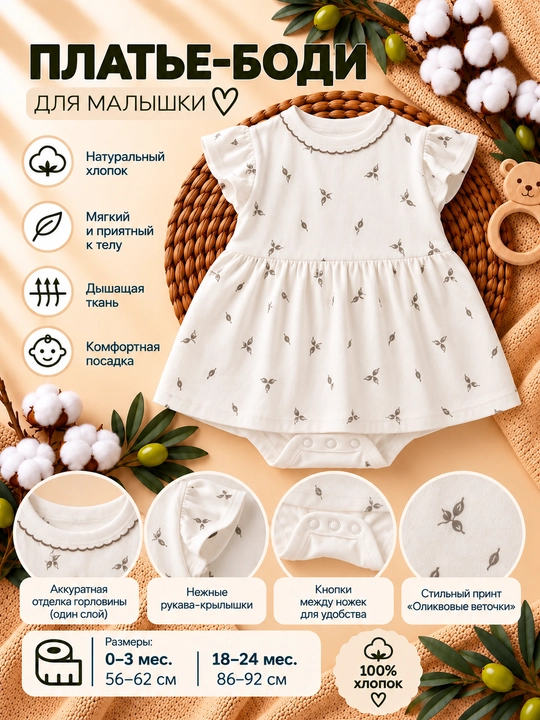 Tiffany Baby bolalar uchun zaytun novdalari naqshli paxtali bodi-ko‘ylak, ekryu - 