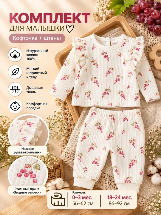 Tiffany Baby bolalar uchun uzum naqshli paxtali to‘plam, ekryu - 