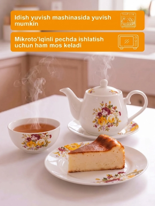 Набор посуды из опалового стекла, 32 предмета, с чайником и мисками, на 6 персон