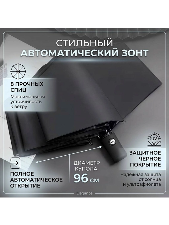 Зонт складной полный автомат черный, с черным защитным покрытием - 