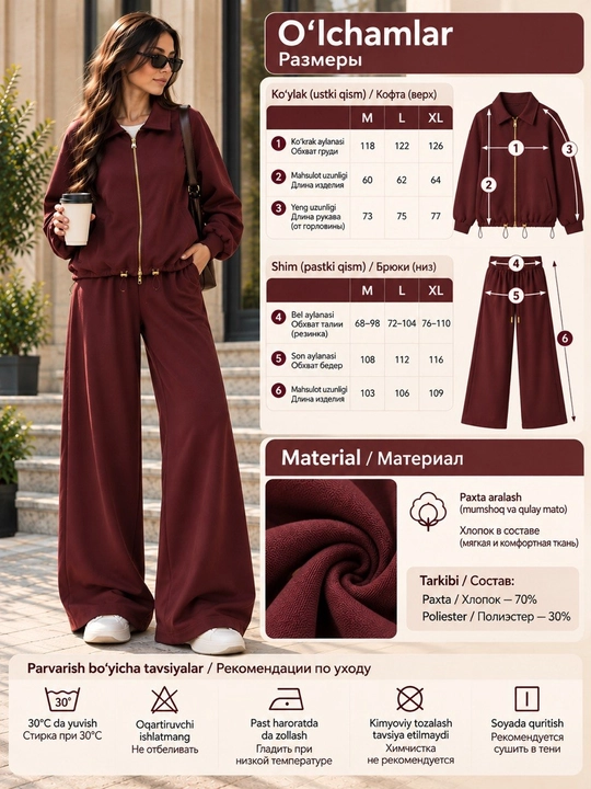Ayollar sport kostyumi, oversize to‘plam, ikkilik, katta o‘lcham
