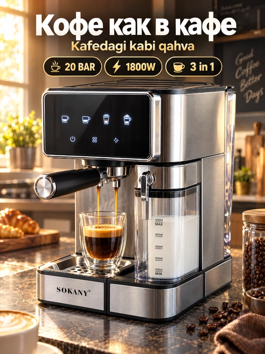 Кофемашина SK-04041 3-в-1, 1800Вт, эспрессо, капучино, латте, сенсорный экран - 