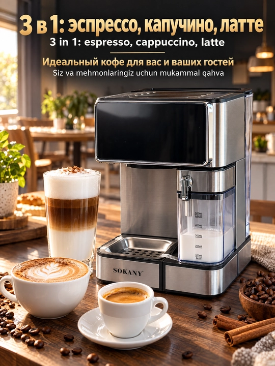 Кофемашина SK-04041 3-в-1, 1800Вт, эспрессо, капучино, латте, сенсорный экран