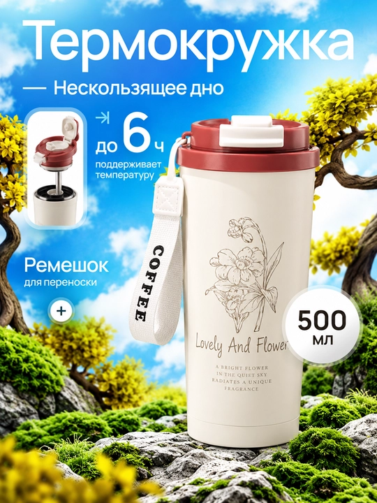Термокружка 500 мл — для кофе и чая, с закрывающейся крышкой - 