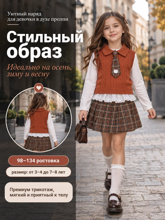Комплект одежды, для девочек, костюм юбка жилетка, школьная форма, преппи, детская - 