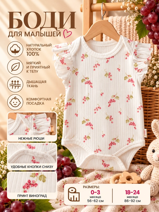 Qiz bolalar uchun Tiffany Baby uzum naqshli, rюshli ekryu rangli bodi - 