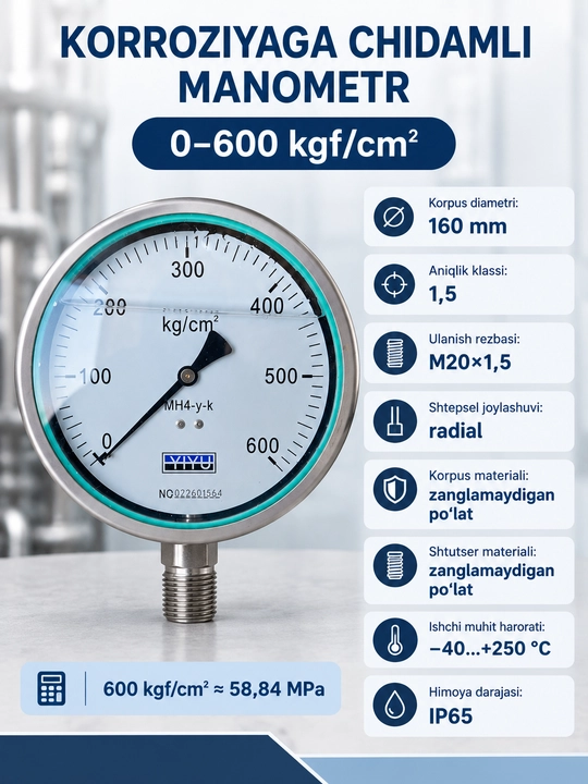 Korroziyaga chidamli manometr 0–600 kgf/cm², Ø160 mm, M20×1.5, aniqlik klassi 1,5, IP65 - 