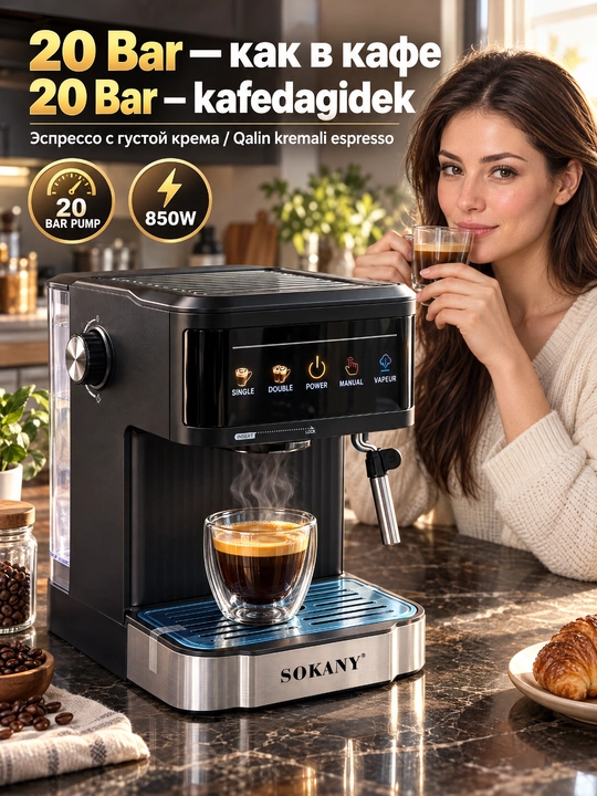 Кофемашина SK-04025, 20 бар, 850 Вт, 1,8 л, капучинатор, для эспрессо, латте и капучино - 