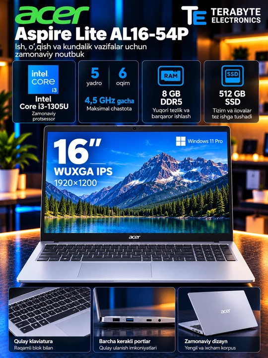 Ноутбук Acer Aspire Lite/ Core i3-1305U/ DDR5 8GB/ SSD 512GB/ 16" IPS WUXGA + Win 11