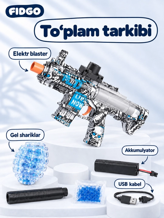 O'yinchoq avtomat AK-47 Orbiz otadigan FIDGO, akkumulyator va himoya ko'zoynagi bilan